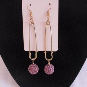 Pin Hook Earrings Purple Pave Balls GOLDTONE Free Gift Box